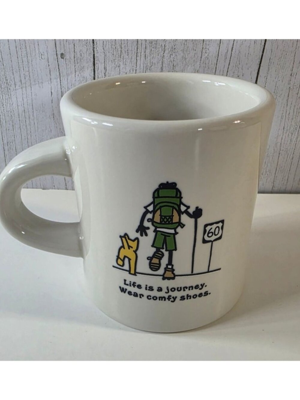 LIFE IS GOOD COFFEE MUG LIFE IS A JOURNEY WEAR COMFY SHOES HIKER DOG DINER CUP
